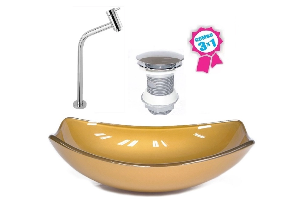 Cuba De Vidro Oval Chanfrada 51cm Dourado Real + Valvula Click + Torneira Metal