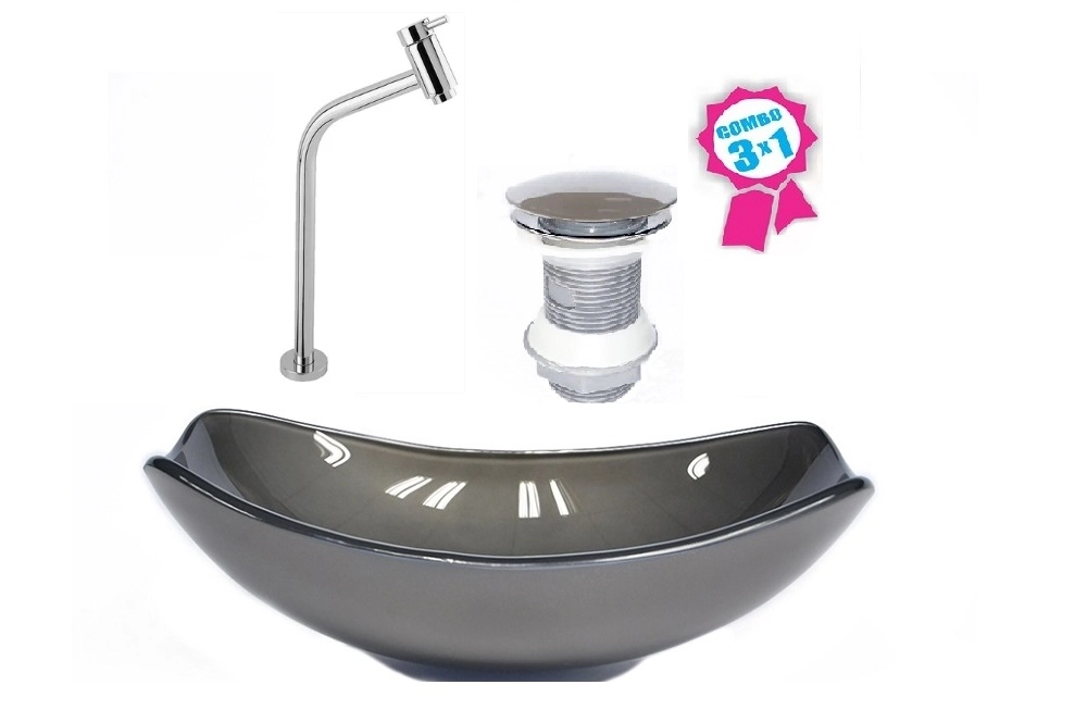 Cuba De Vidro Oval Chanfrada 51cm Grafite + Valvula Click + Torneira Metal