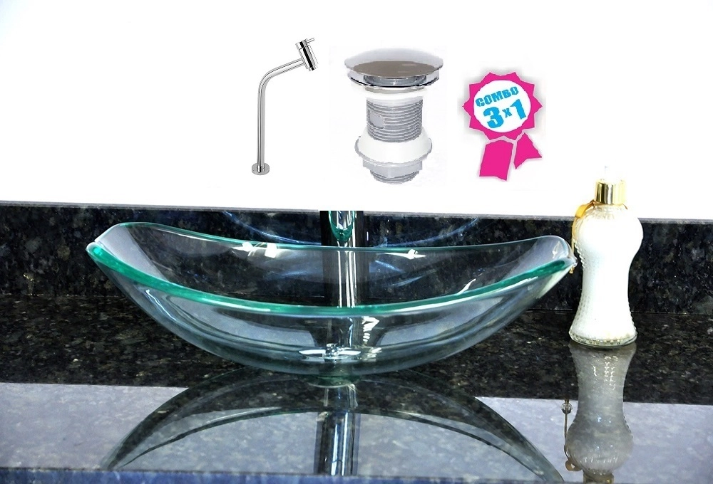 Cuba De Vidro Oval Chanfrada 51cm Incolor + Valvula Click + Torneira Metal
