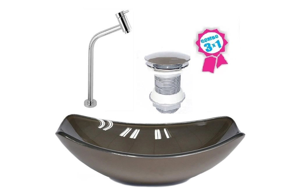 Cuba De Vidro Oval Chanfrada 51cm Marrom + Valvula Click + Torneira Metal