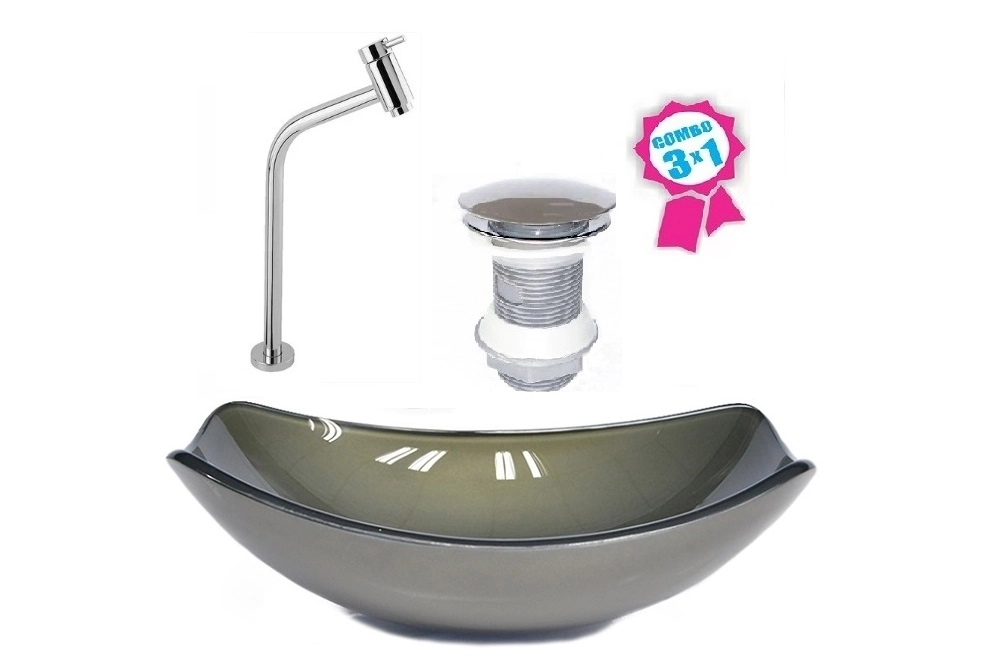 Cuba De Vidro Oval Chanfrada 51cm Ouro Envelhecido + Valvula Click + Torneira Metal