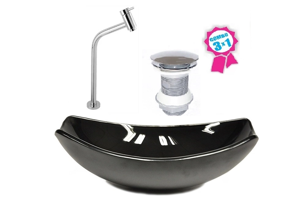 Cuba De Vidro Oval Chanfrada 51cm Preta + Valvula Click + Torneira Metal