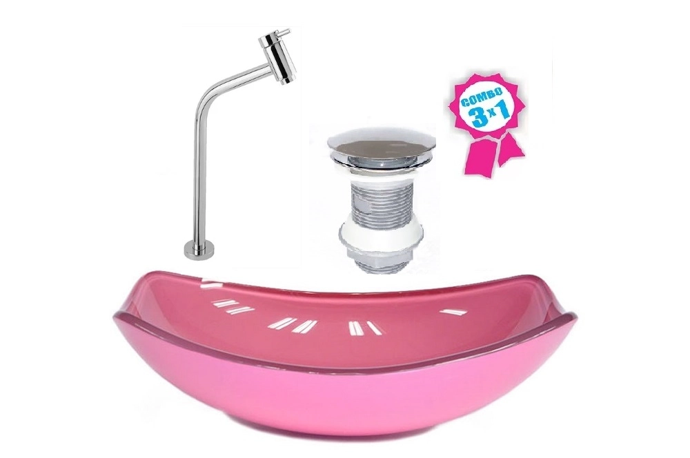 Cuba De Vidro Oval Chanfrada 51cm Rosa + Valvula Click + Torneira Metal