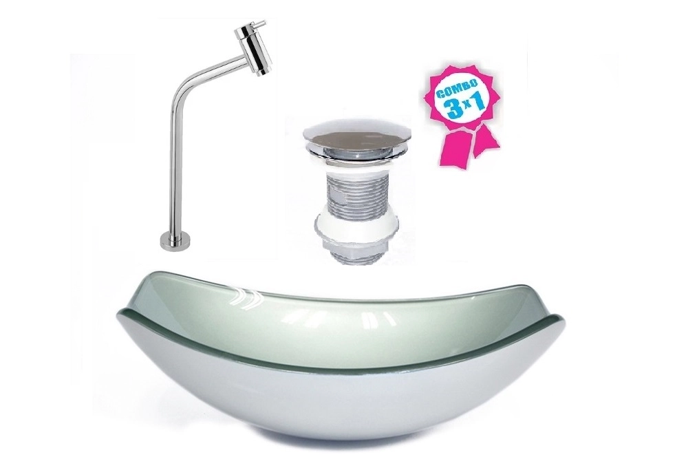 Cuba De Vidro Oval Chanfrada 51cm Prata + Valvula Click + Torneira Metal