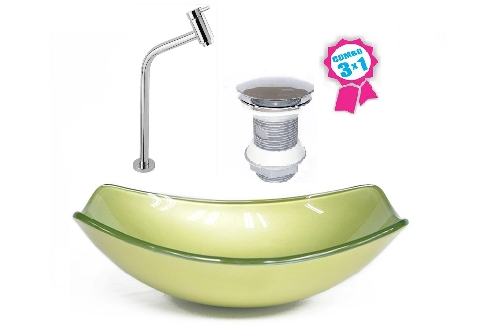 Cuba De Vidro Oval Chanfrada 51cm Verde Oliva + Valvula Click + Torneira Metal
