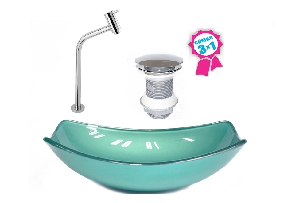Cuba De Vidro Oval Chanfrada 51cm Verde + Valvula Click + Torneira Metal