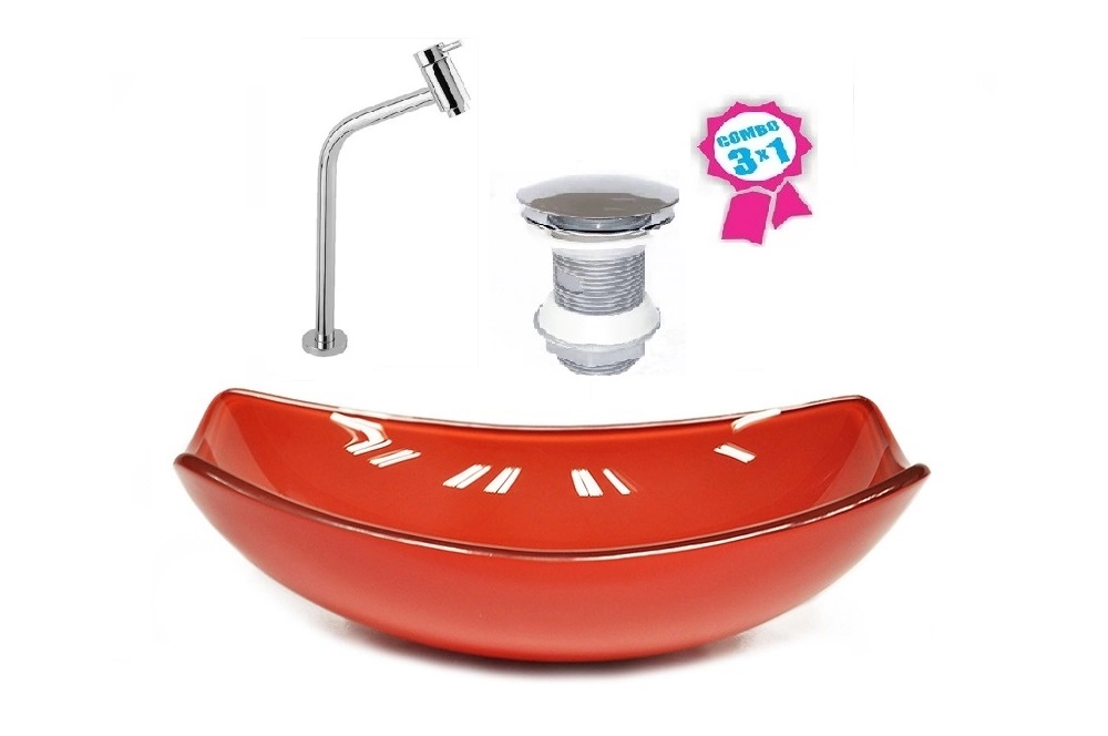 Cuba De Vidro Oval Chanfrada 51cm Vermelho Ferrari + Valvula Click + Torneira Metal