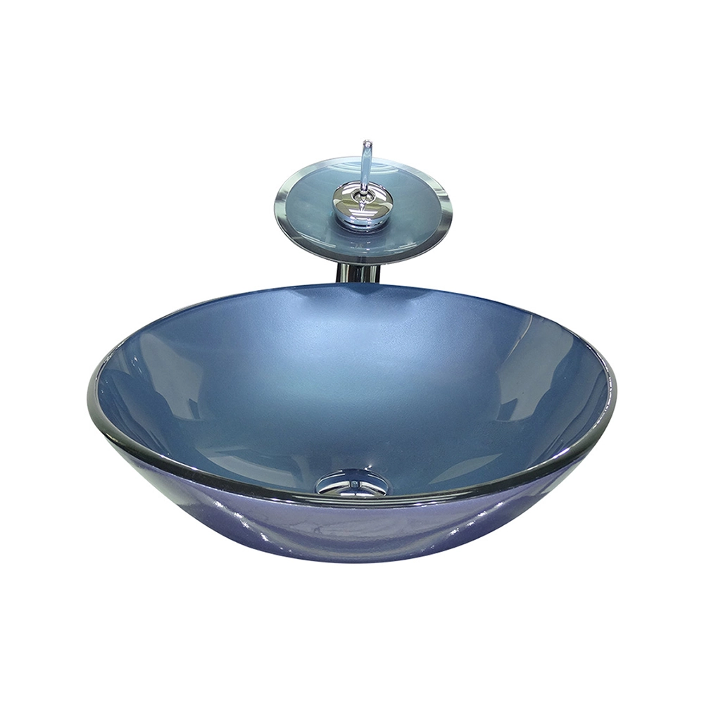 Cuba De Vidro Redonda 31cm Azul + Valvula + Torneira Cascata