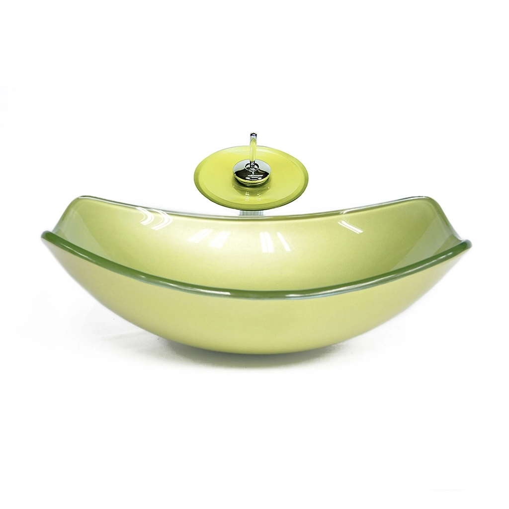 Cuba De Vidro Oval Chanfrada 51cm Verde Oliva + Valvula + Torneira Cascata