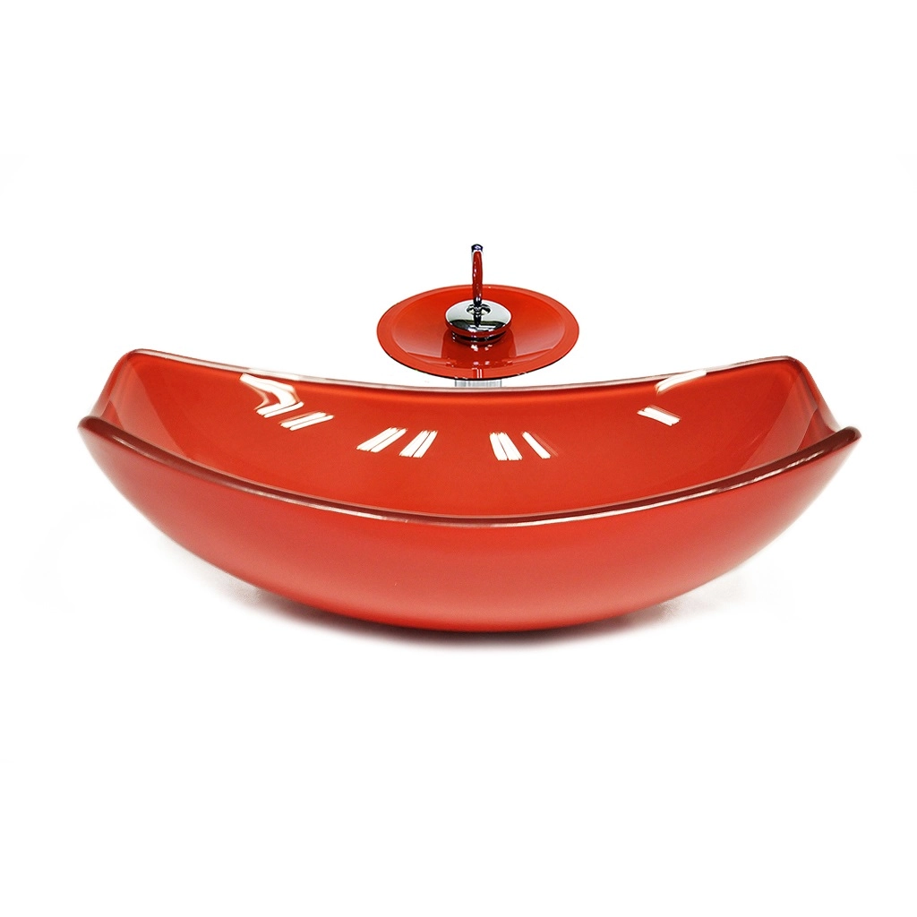 Cuba De Vidro Oval Chanfrada 51cm Vermelho Ferrari + Valvula + Torneira Cascata