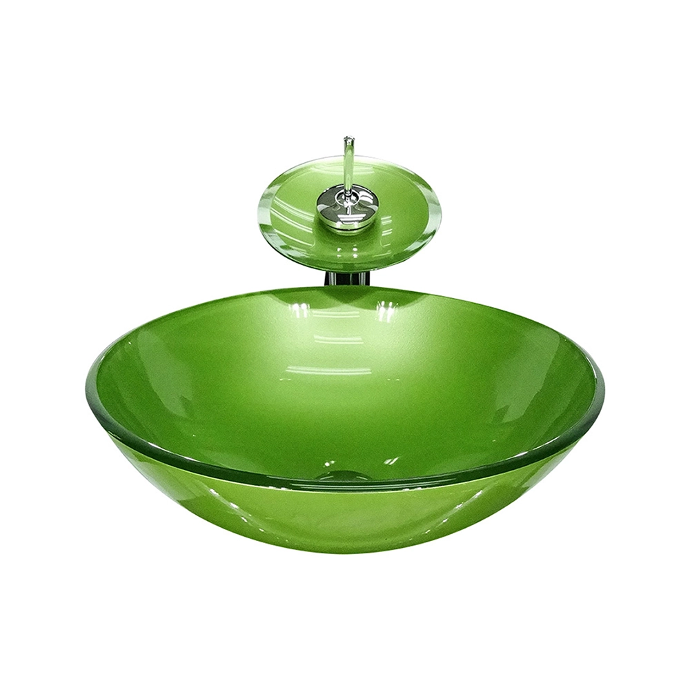 Cuba De Vidro Redonda 35cm Verde Oliva + Valvula + Torneira Cascata