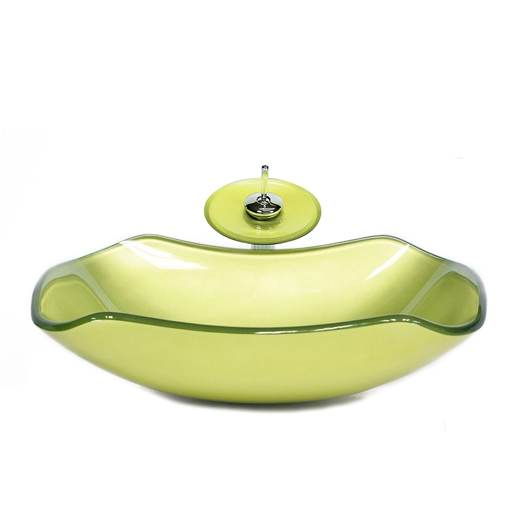 Cuba De Vidro Abaulada 51cm Verde Oliva + Valvula + Torneira Cascata
