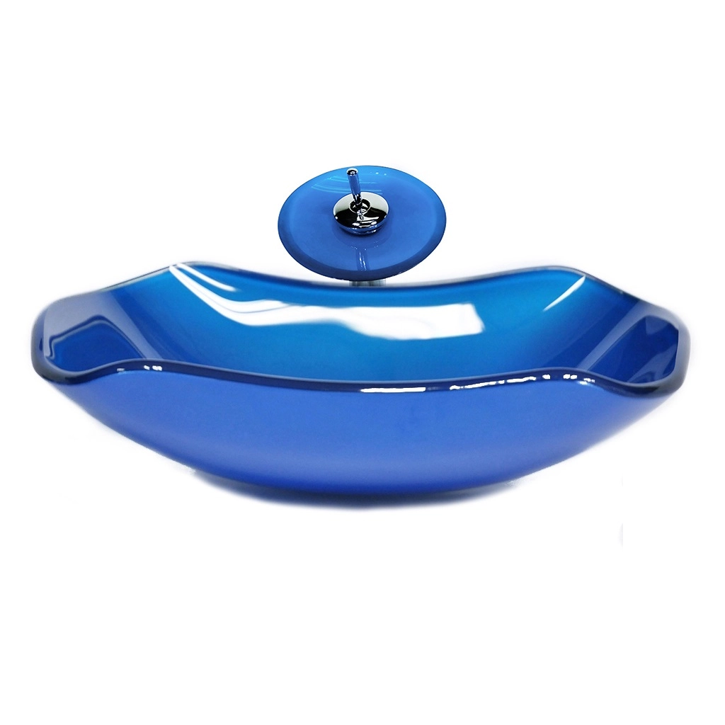 Cuba De Vidro Abaulada 51cm Azul Escuro + Valvula + Torneira Cascata