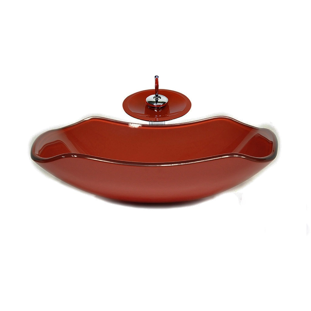 Cuba De Vidro Abaulada 51cm Vermelho Cereja + Valvula + Torneira Cascata