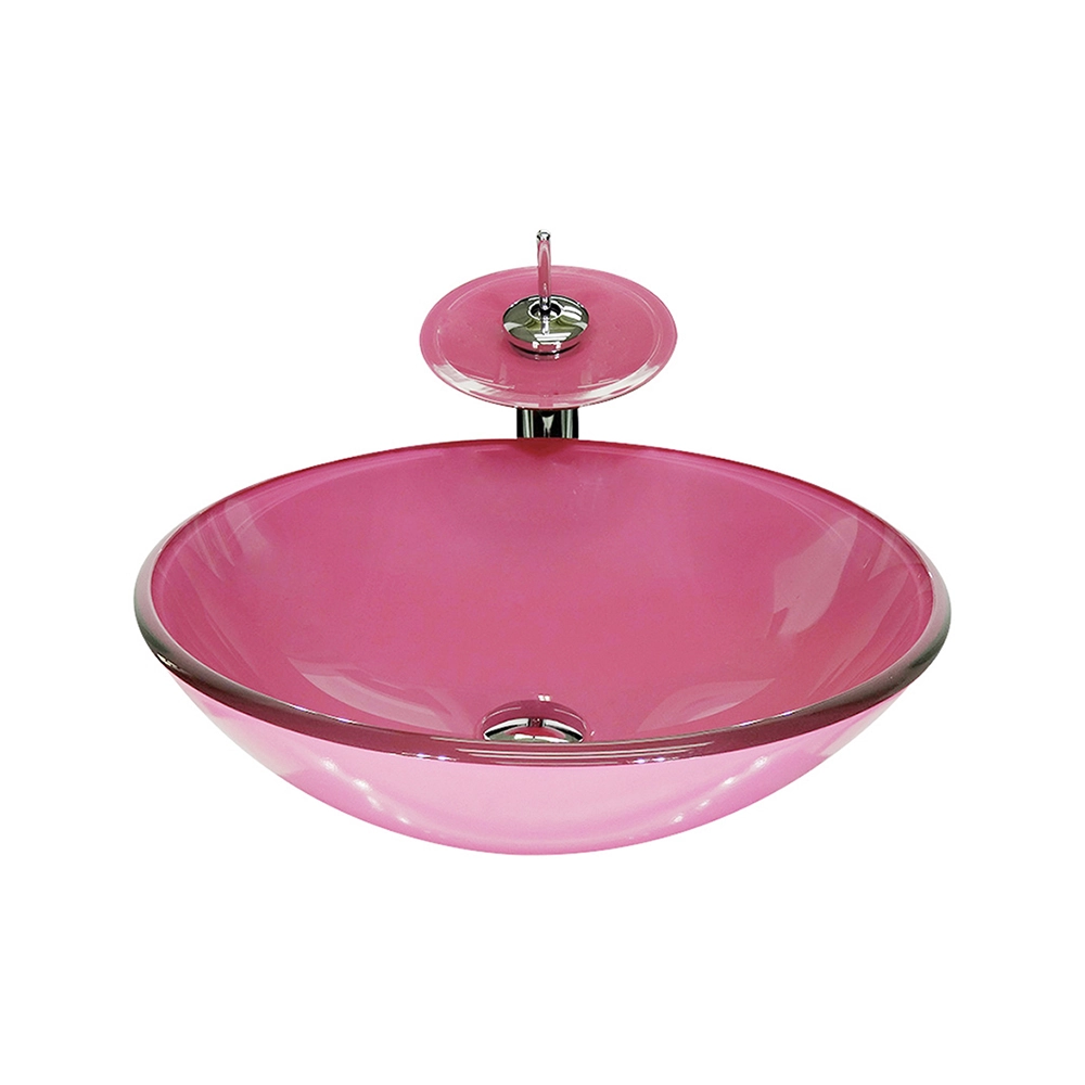 Cuba De Vidro Redonda 35cm Rosa + Valvula + Torneira Cascata
