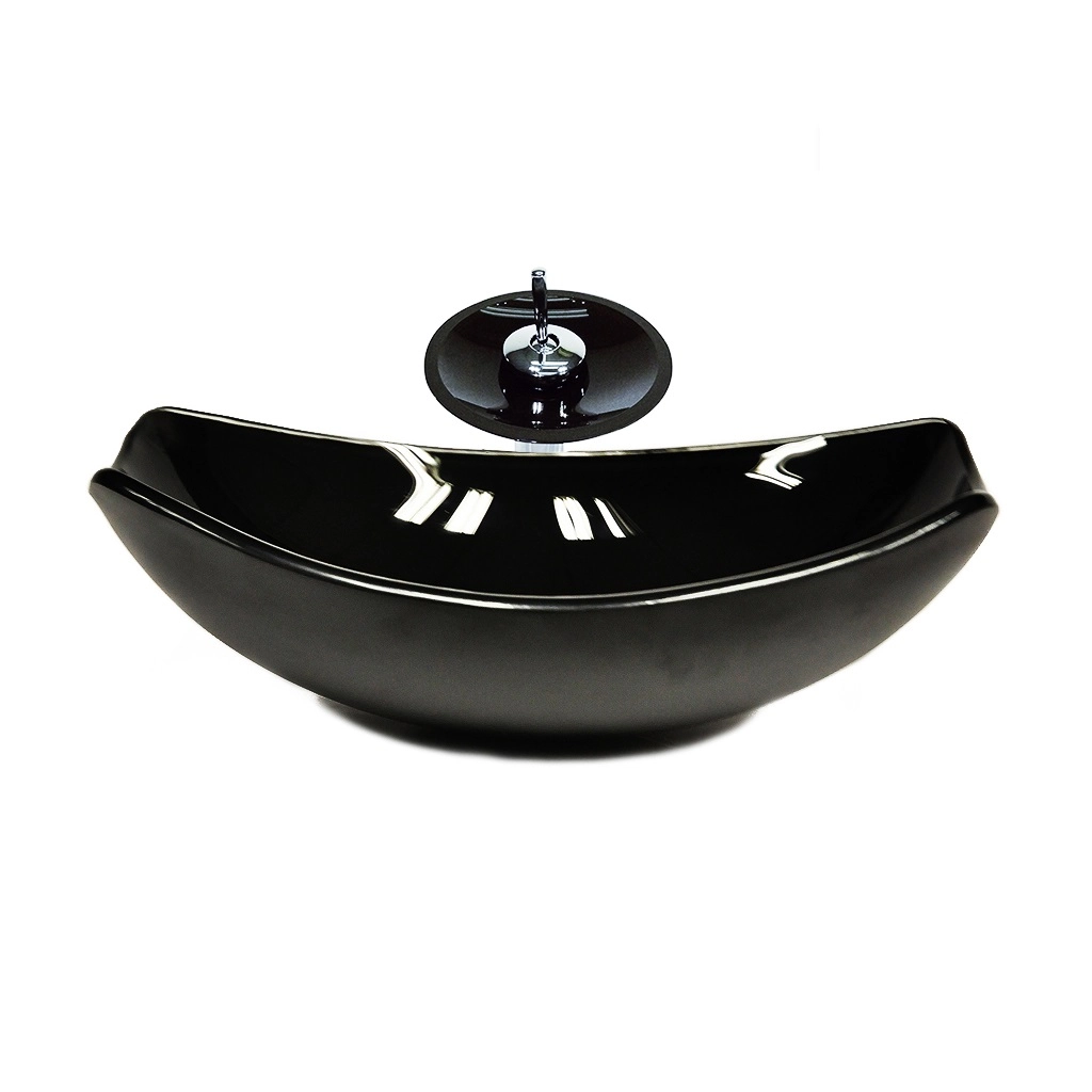 Cuba De Vidro Oval Chanfrada 51cm Preta + Valvula + Torneira Cascata
