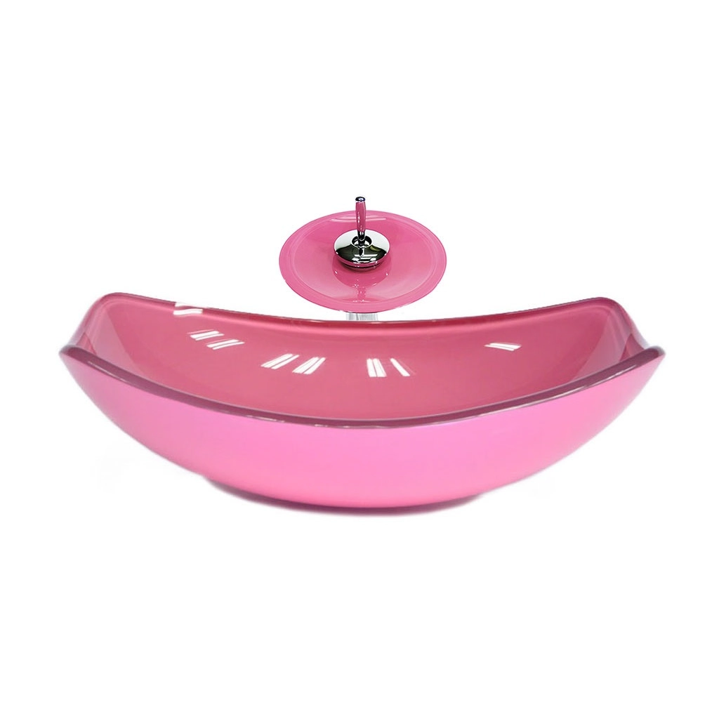 Cuba De Vidro Oval Chanfrada 51cm Rosa + Valvula + Torneira Cascata