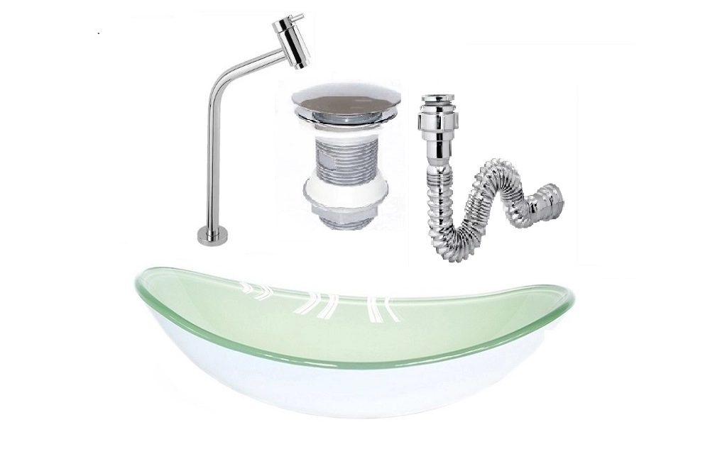 Cuba De Vidro Oval 47cm Branca + Válvula Click + Torneira De Metal + Sifao