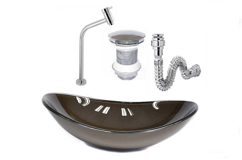 Cuba De Vidro Oval 47cm Marrom + Válvula Click + Torneira De Metal + Sifao