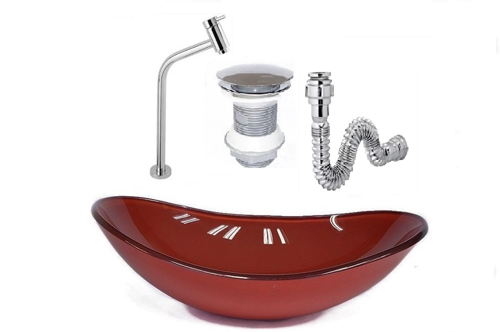 Cuba De Vidro Oval 47cm Vermelho Cereja + Válvula Click + Torneira De Metal + Sifao
