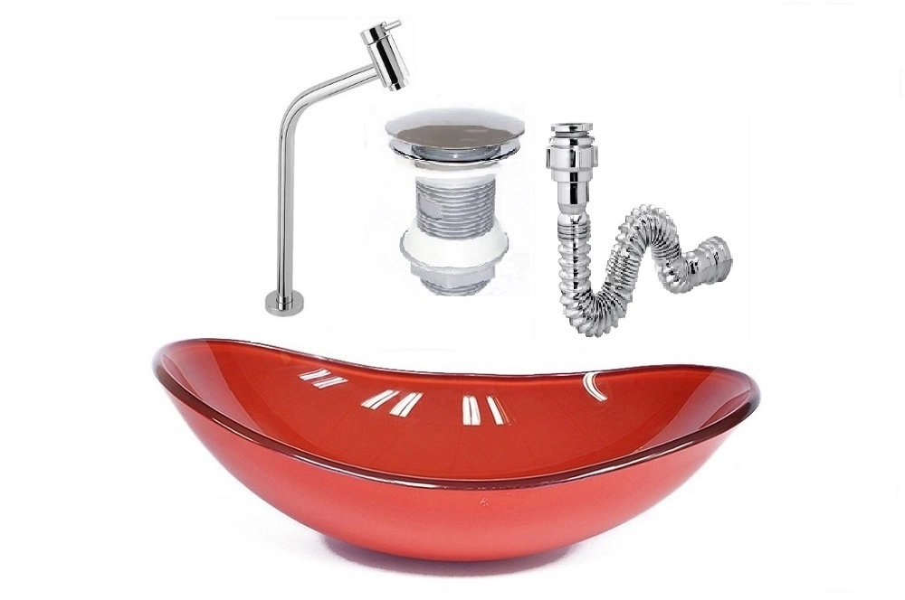 Cuba De Vidro Oval 47cm Vermelho Ferrari + Válvula Click + Torneira De Metal + Sifao