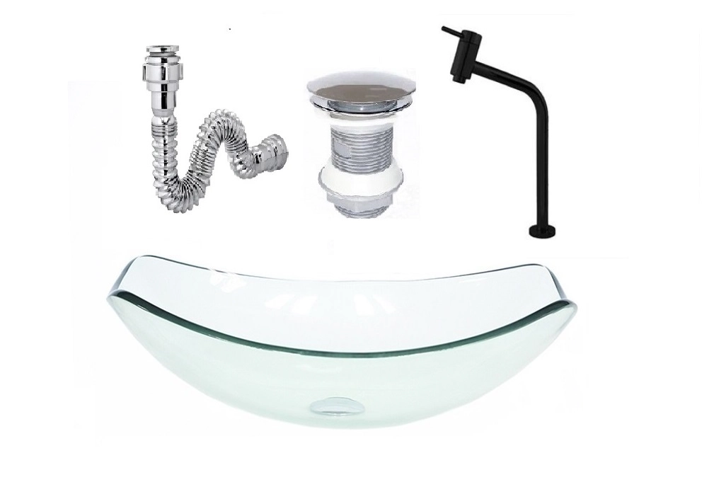 Cuba De Vidro Oval Chanfrada 46cm Jateado + Valvula + Torneira Metal Preta + Sifao