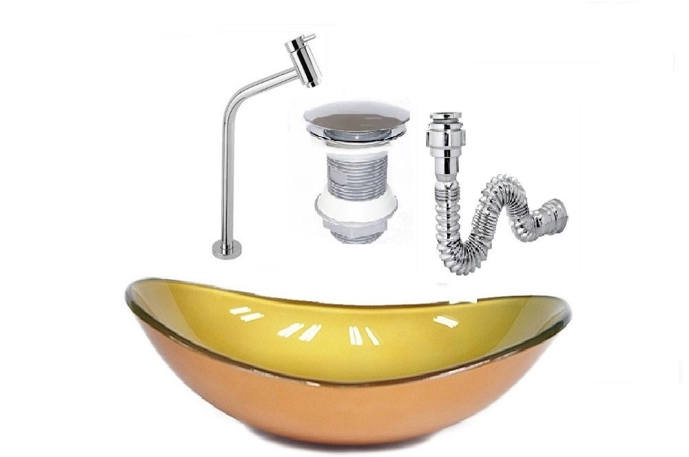 Cuba De Vidro Oval 47cm Dourado Real + Válvula Click + Torneira De Metal + Sifao
