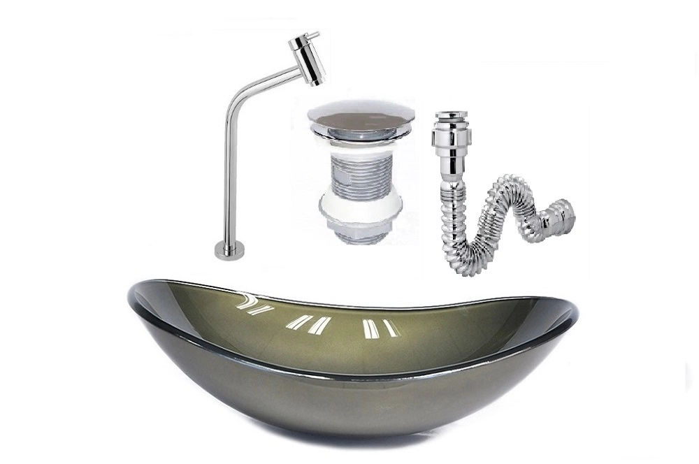 Cuba De Vidro Oval 47cm Ouro Envelhecido + Válvula Click + Torneira De Metal + Sifao