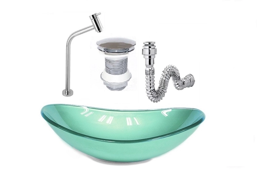 Cuba De Vidro Oval 47cm Verde + Válvula Click + Torneira De Metal + Sifao