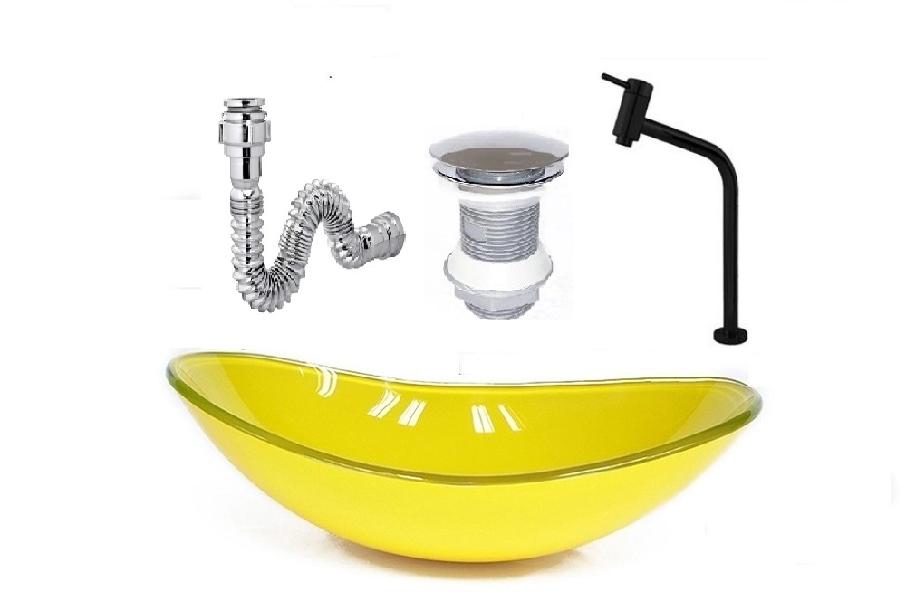 Cuba De Vidro Oval 47cm Amarela + Valvula + Torneira  Preta + Sifao