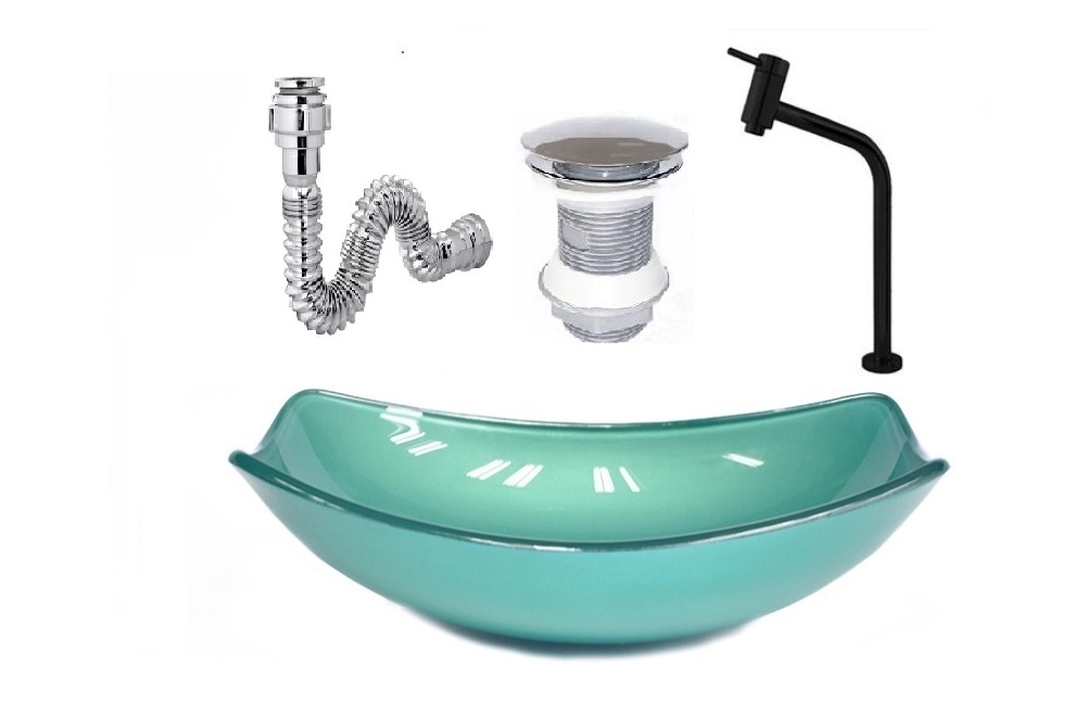 Cuba De Vidro Oval Chanfrada 46cm Verde + Valvula + Torneira Metal Preta + Sifao