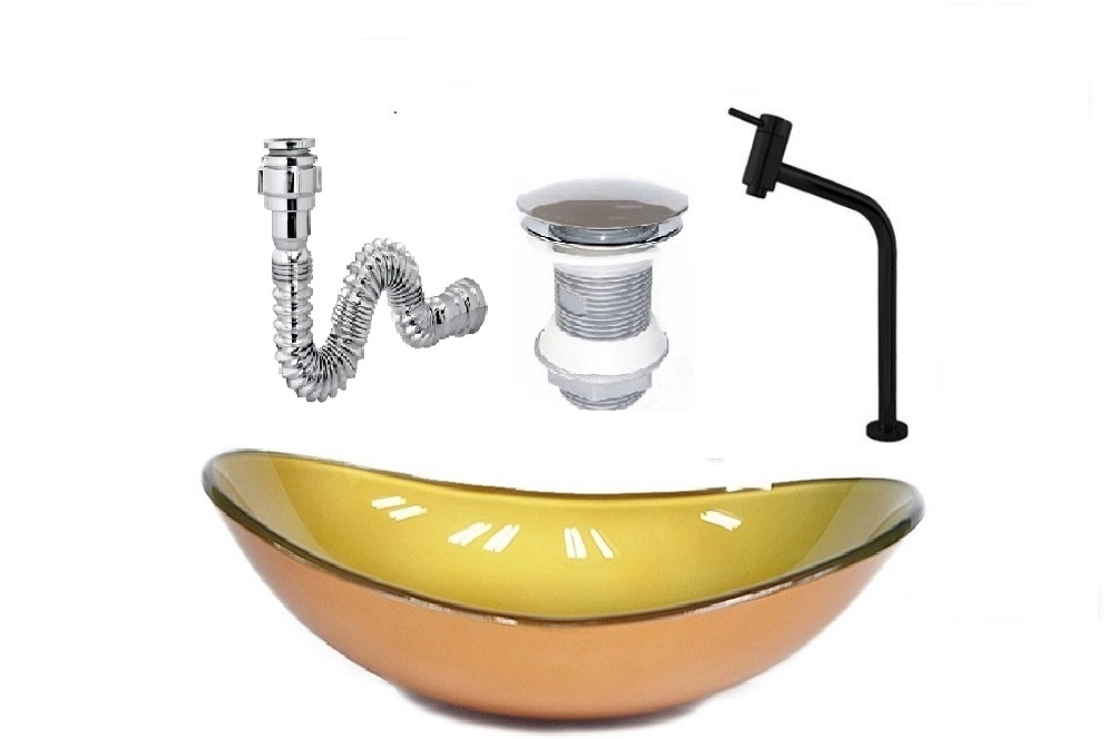 Cuba De Vidro Oval 47cm Dourado Real + Valvula + Torneira Preta + Sifao