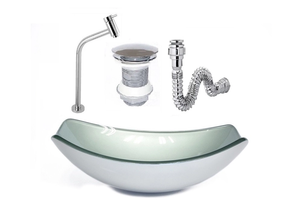 Cuba De Vidro Oval Chanfrada 46cm Prata + Valvula + Torneira + Sifao