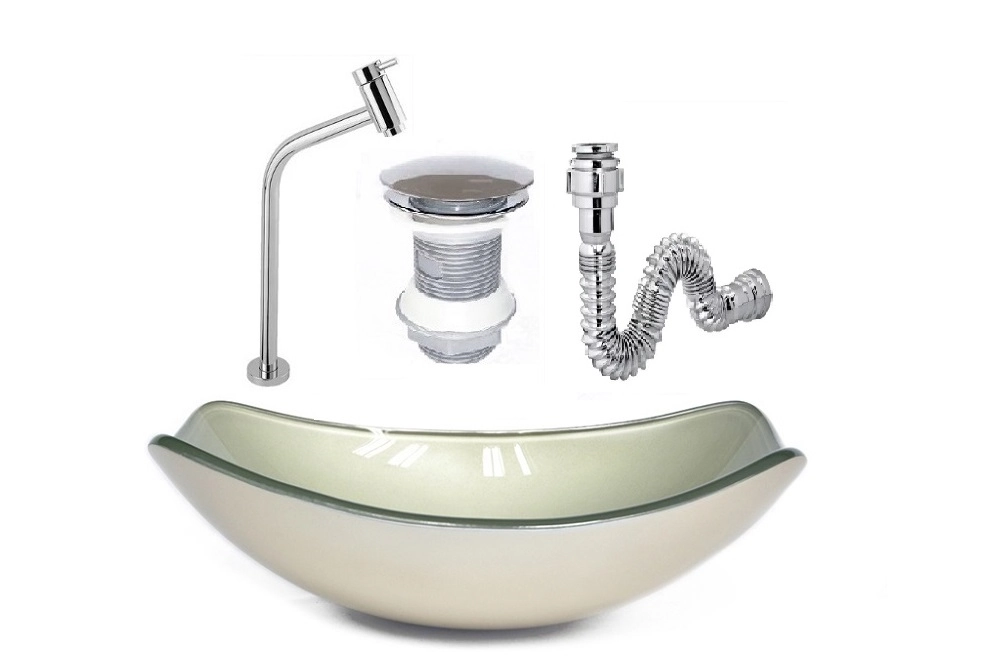 Cuba De Vidro Oval Chanfrada 46cm Champanhe + Valvula + Torneira + Sifao