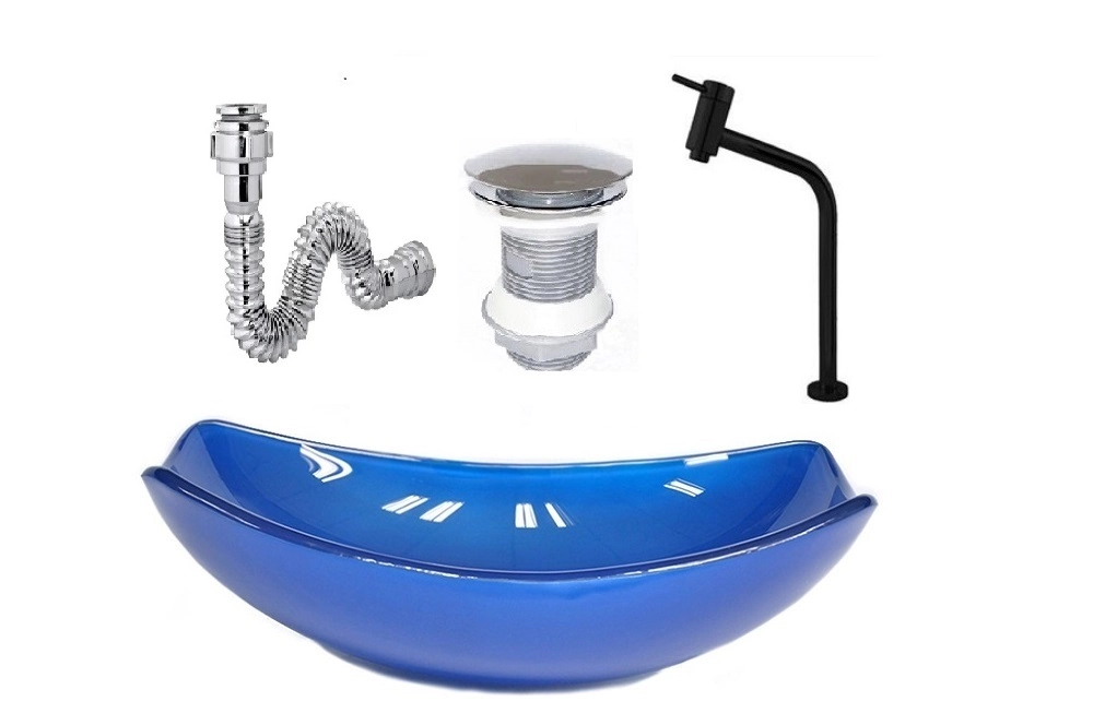 Cuba De Vidro Oval Chanfrada 46cm Azul Escuro + Valvula + Torneira Metal Preta + Sifao