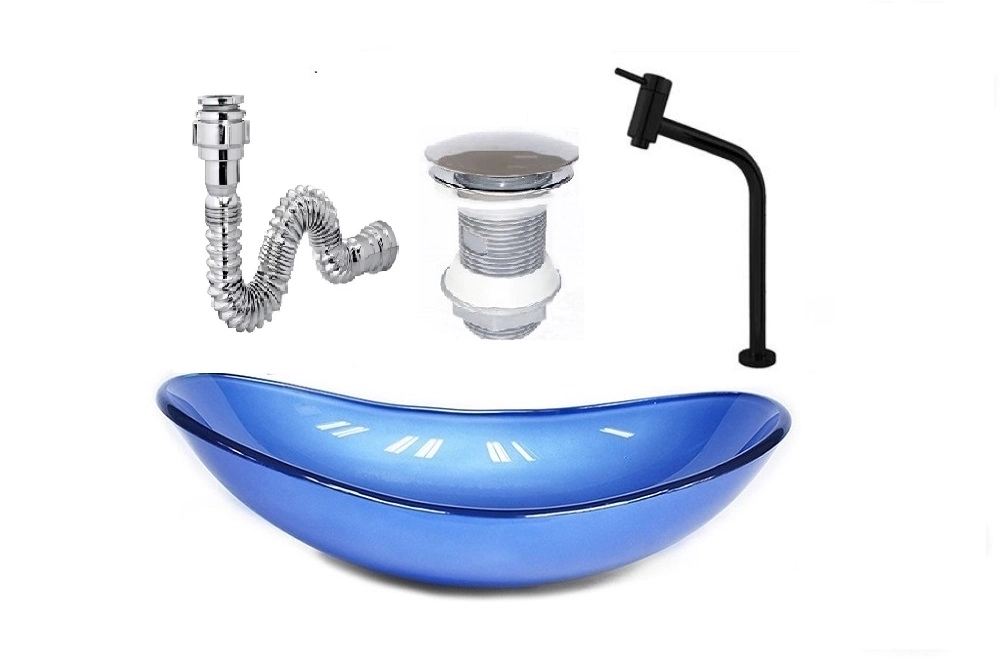 Cuba De Vidro Oval 47cm Azul Escuro + Valvula + Torneira  Preta + Sifao
