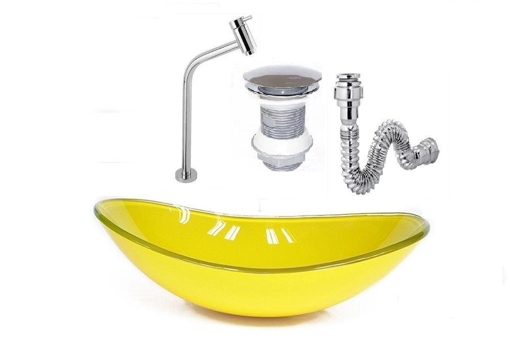 Cuba De Vidro Oval 47cm Amarela + Válvula Click + Torneira De Metal + Sifao