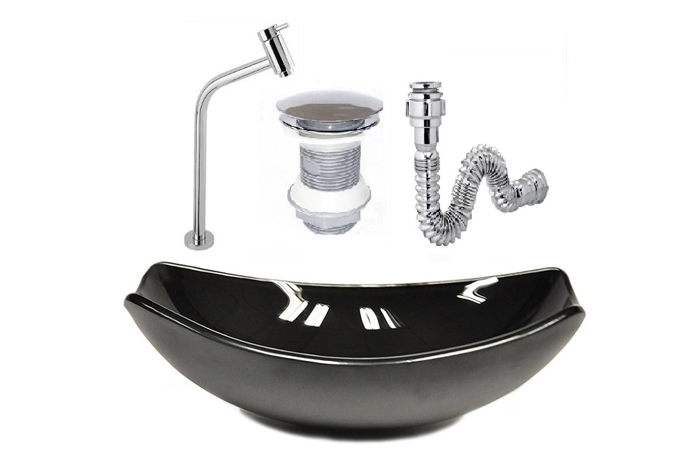 Cuba De Vidro Oval Chanfrada 46cm Preta + Valvula + Torneira + Sifao