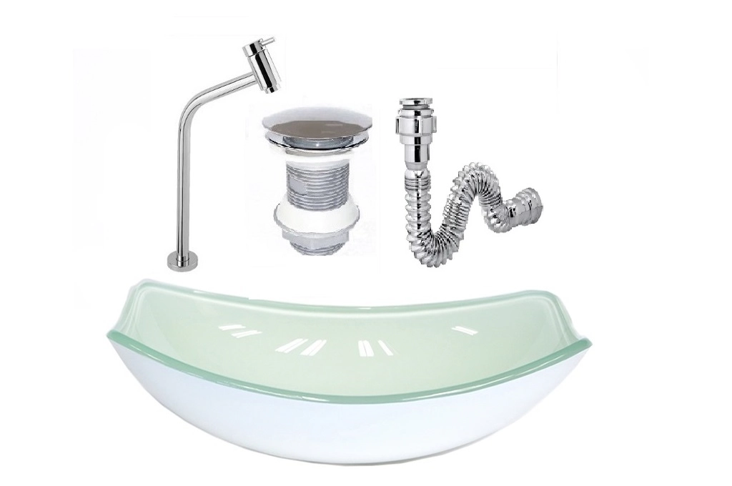 Cuba De Vidro Oval Chanfrada 46cm Branca + Valvula + Torneira + Sifao