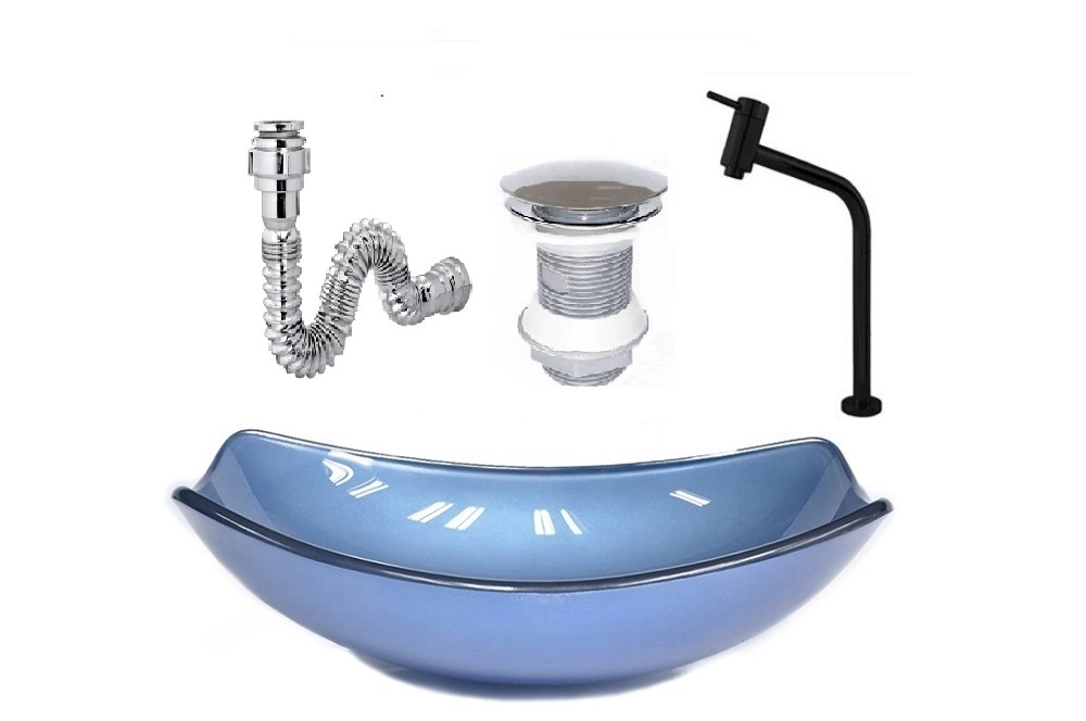 Cuba De Vidro Oval Chanfrada 46cm Azul + Valvula + Torneira Metal Preta + Sifao