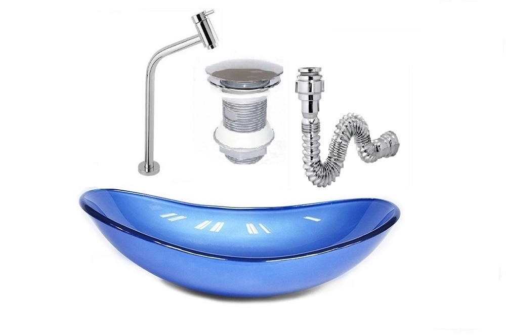 Cuba De Vidro Oval 47cm Azul Escuro + Válvula Click + Torneira De Metal + Sifao