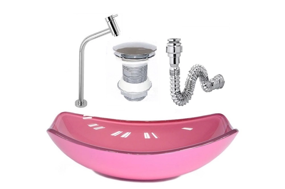 Cuba De Vidro Oval Chanfrada 46cm Rosa + Valvula + Torneira + Sifao