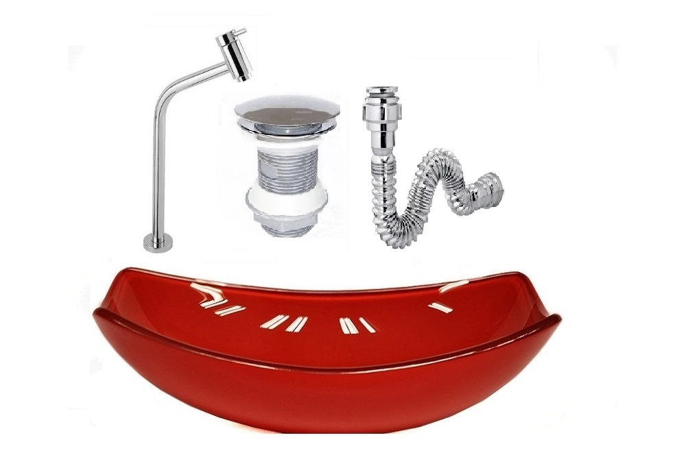 Cuba De Vidro Oval Chanfrada 46cm Vermelho Cereja + Valvula + Torneira + Sifao