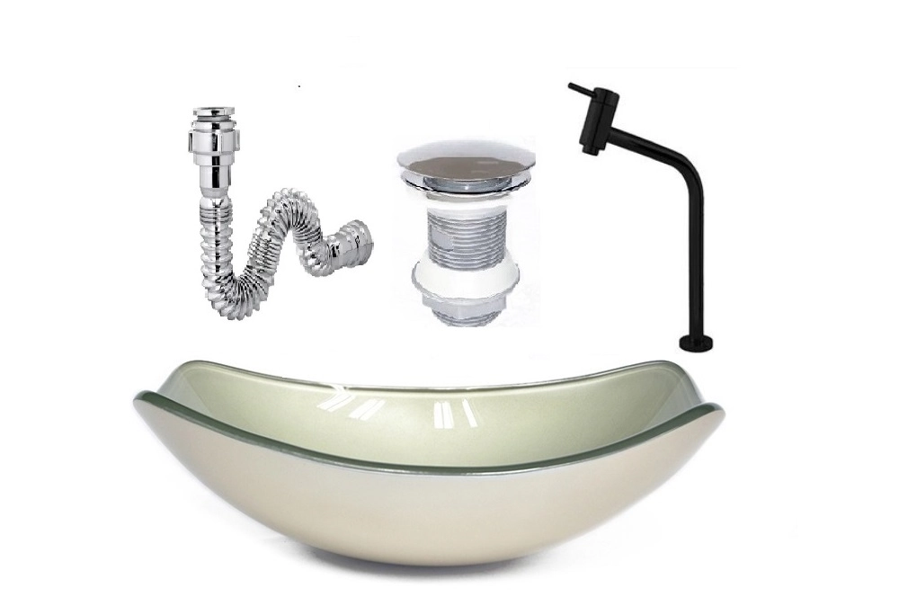Cuba De Vidro Oval Chanfrada 46cm Champanhe + Valvula + Torneira Metal Preta + Sifao