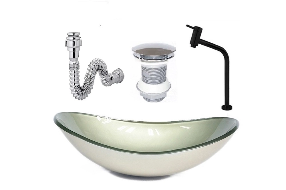 Cuba De Vidro Oval 47cm Champanhe + Valvula + Torneira Preta + Sifao