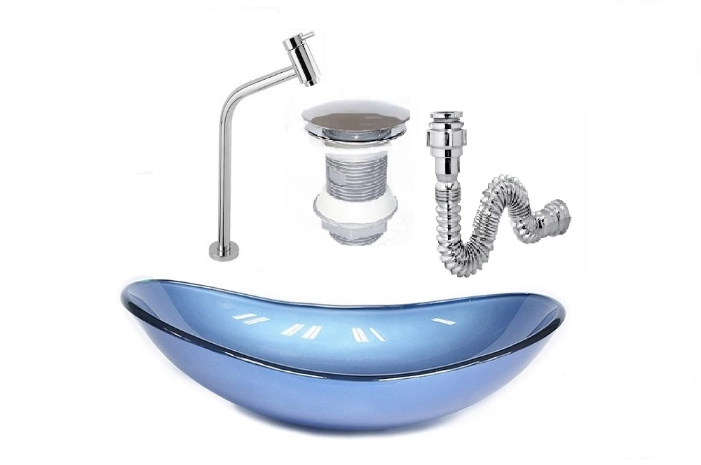 Cuba De Vidro Oval 47cm Azul + Válvula Click + Torneira De Metal + Sifao