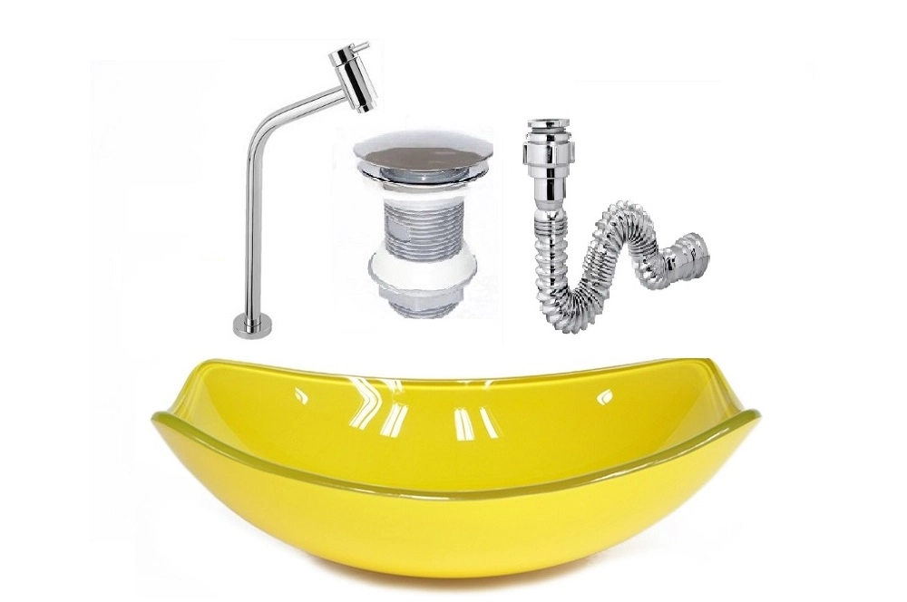 Cuba De Vidro Oval Chanfrada 46cm Amarela + Valvula + Torneira + Sifao