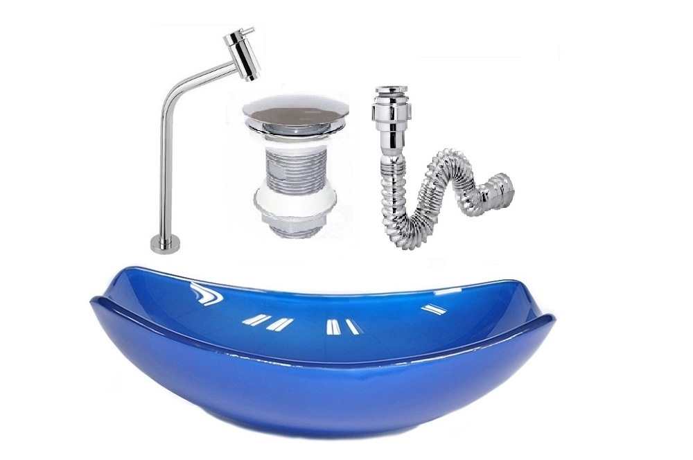 Cuba De Vidro Oval Chanfrada 46cm Azul Escuro + Valvula + Torneira + Sifao