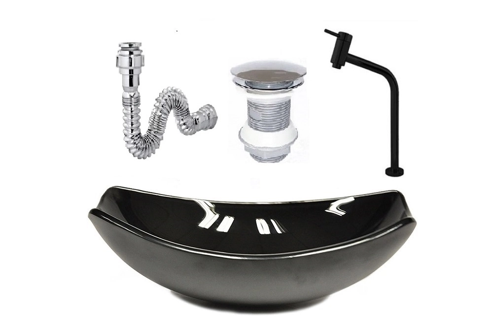 Cuba De Vidro Oval Chanfrada 46cm Preta + Valvula + Torneira Metal Preta + Sifao