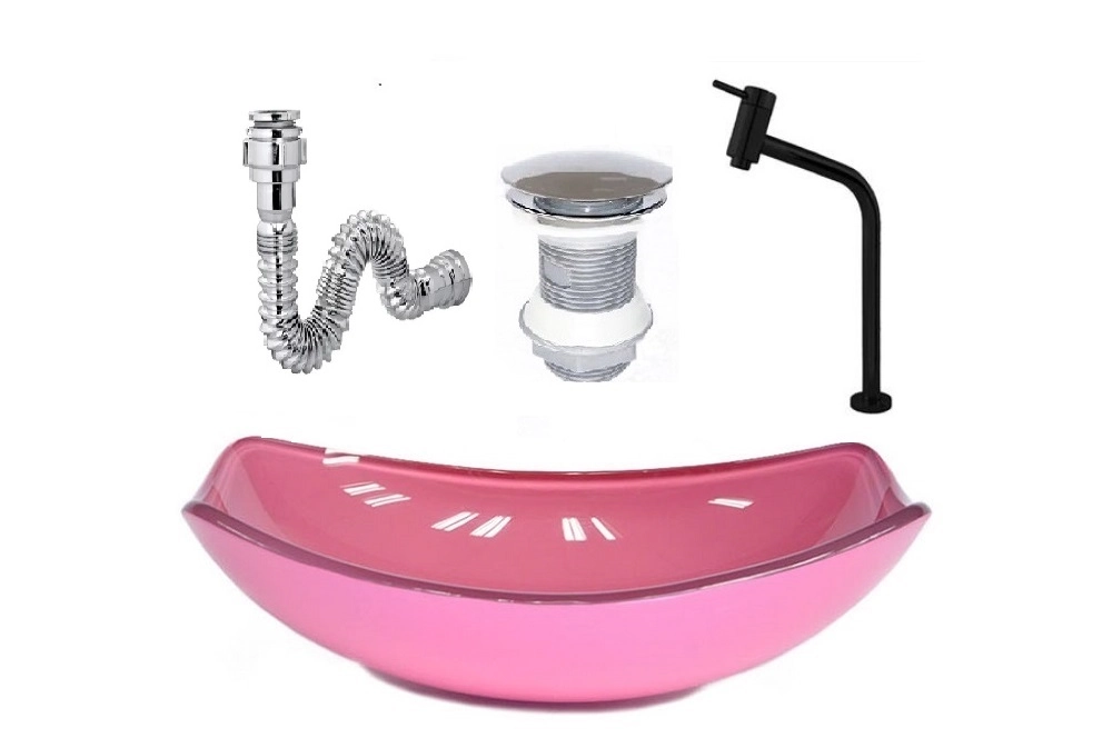 Cuba De Vidro Oval Chanfrada 46cm Rosa + Valvula + Torneira Metal Preta + Sifao